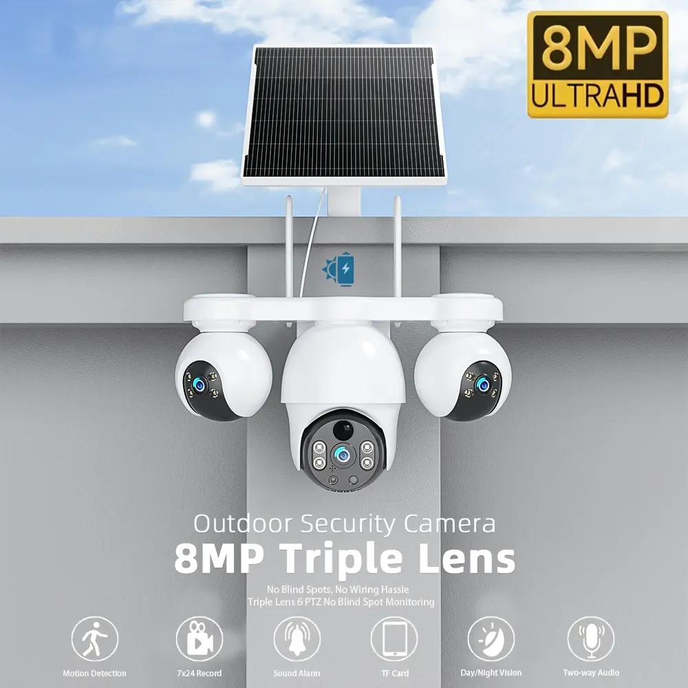 V380MAX Smart Security Camera | 8MP all-weather recording, supports 2.4GHz Wi-Fi, solar-powered wireless monitoring system, color night vision, two-way voice communication, and a six-motor, three-lens system, supporting simultaneous motion detection.