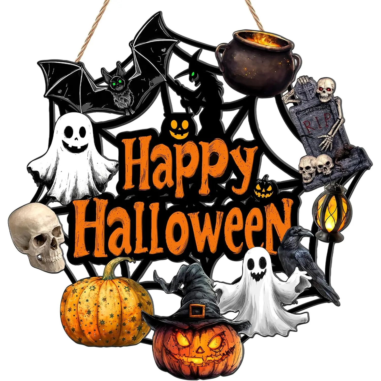 Halloween Door Decoration Wooden Ghost Wreath for Front Door Sign Pumpkin Bat Witch Wreath Hanging for Home Wall Decor Halloween Party Outdoor Indoor Supply