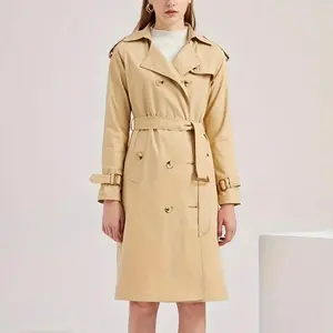 Women's Elegant Belted Collar Trench Coat, Heavy Winter Long Coat Casual, Solid Black Tailored Fit Non-Stretch Outerwear Womenswear Khaki Black Brown S-2XL