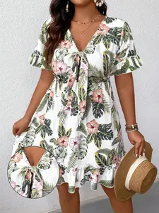 Women's Tropical Floral Mini Dress Tie Front V-Neck Flutter Sleeve Ruffle Hem Beach Vacation Summer Sundress Hawaiian Luau Outfits Casual Flowy Resort Wear Boho Print Short Dresses Coconut Girl Aesthetic Spring Viral