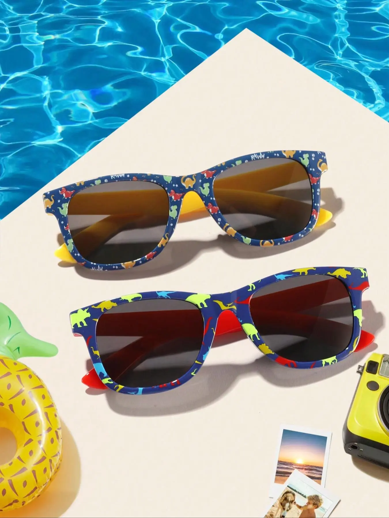 2-Pack Acrylic Cartoon Dinosaur Print Square Fashion Sunglasses for Kids Ages 4-10, Trendy Casual Summer Sunglasses for Outdoor Play and Holidays, Eyewear Accessories