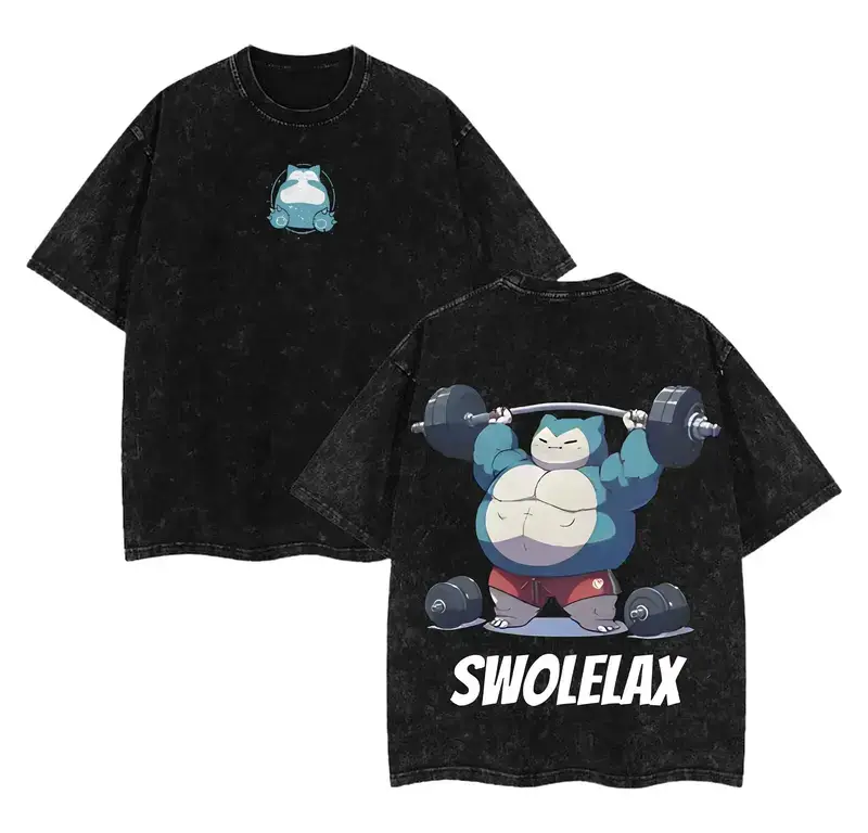 Men's Oversized Baggy Anime Snorlax Graphic T-Shirt - Heavyweight Vintage Washed Cotton Ribbed Classic Casual Tee, Funny Gym Workout Top, Anime Style Merchandise, Premium Cotton Fabric all-season casual teeny t-shirt gift good graphic shirt