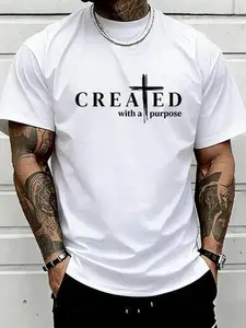 Men's Plus Size 5XL Christian Cross Graphic Sports T-Shirt - "Created With A Purpose" Sarcastic Faith-Based Slogan, Loose Crew Neck, Short Sleeve, White Cotton Casual Unisex Big & Tall Top