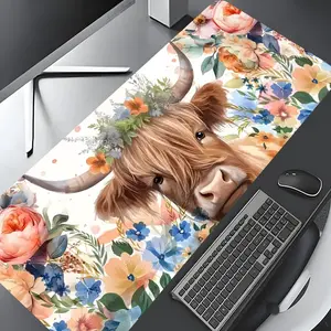 Floral Highland Cow Desk Mat Cute Aesthetic Office Decor Desk Accessories Office Supplies Large Gaming Mouse Pad, Stylish Desk Protector, Rubber Non-Slip Locking Edges, Multi-Size Options for Laptops Desktops, Perfect Gift for Boys Girls Kids