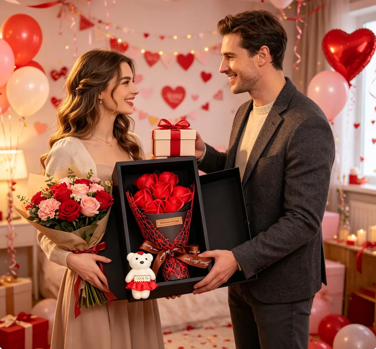 Artificial Flowers, 7 Roses Soap Flower & Bear Gift Box, Creative Gift for Valentine's Day, Mother's Day, Thanksgiving & Independence Day, Home Decoration Presents