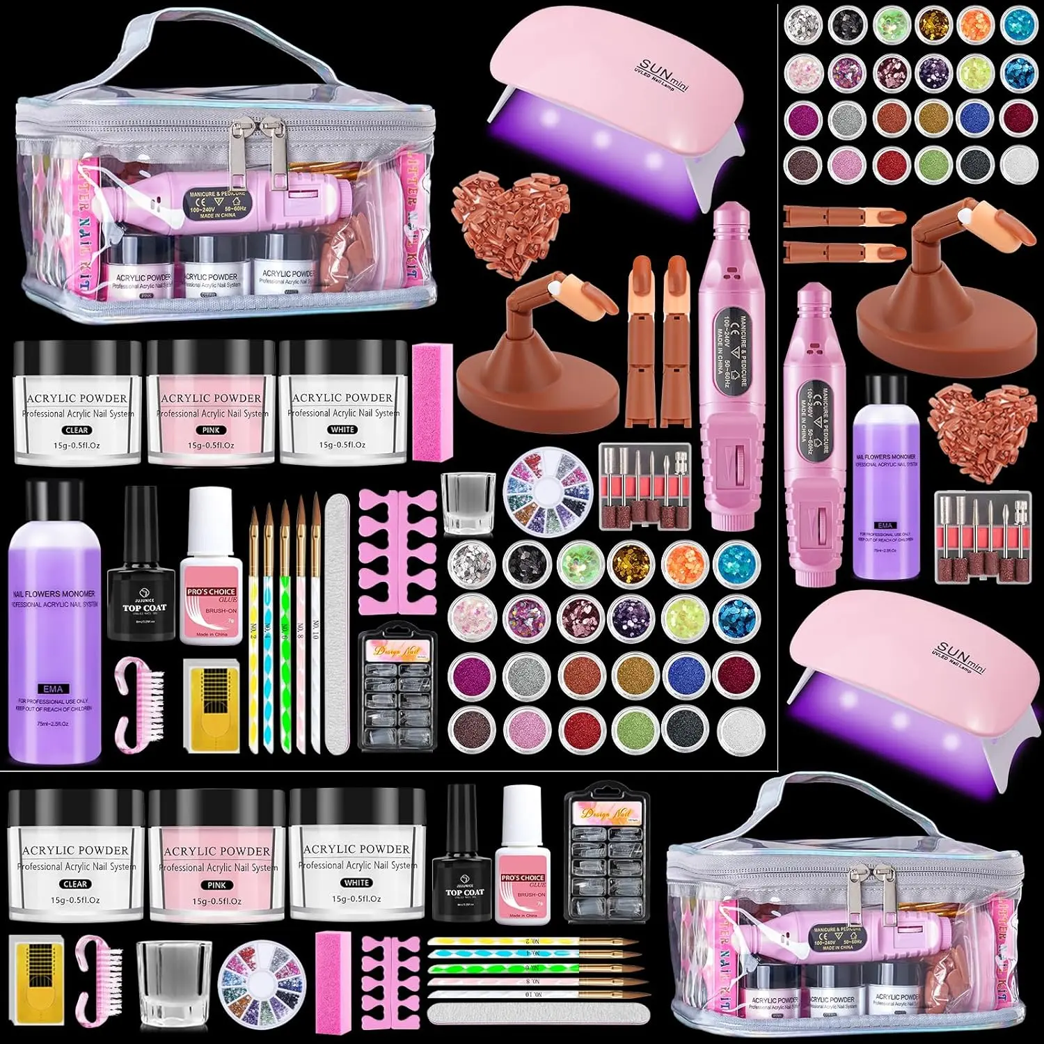 Beginners' Glitter French Manicure Nail Kit, Professional Acrylic Powder-Liquid Set with Practice Finger, Drill, UV Light, Storage Makeup Bag (Silver), Gift, Cosmetic, Adjustable, Removable, Nail Polish, Base, Uv Lamp, Full Kit