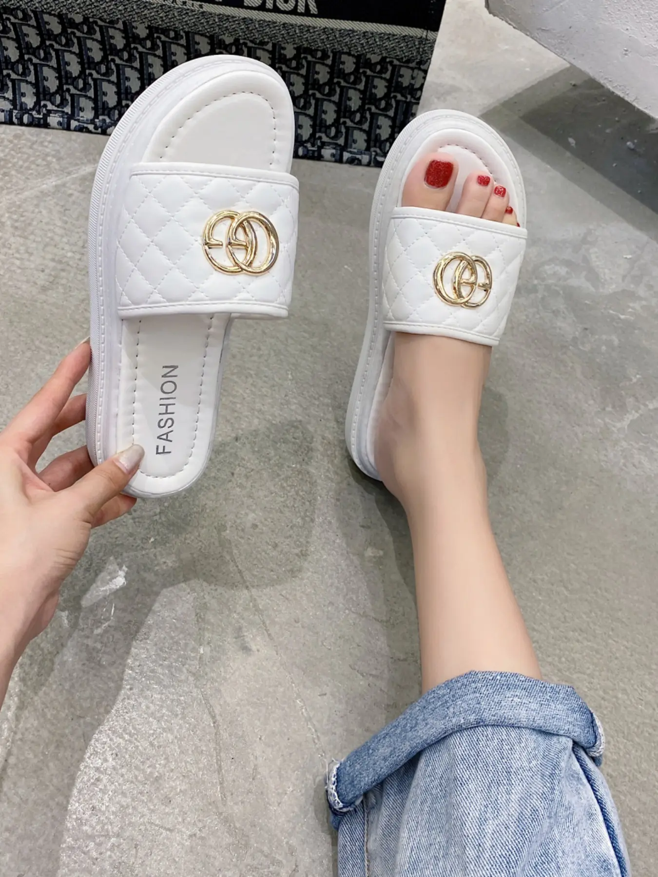 Elegant Rhombus Pattern Thick Sole Sandals, Stylish Dual Ring & Metallic Accents, Comfortable Fashion Footwear for Women, Ladies Slippers, Home Slippers