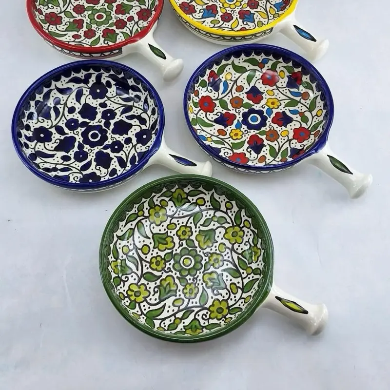 Handcrafted Palestinian Pan-Handle Ceramic Dinner Plate - Vibrant Floral Patterns, Durable Design, Decorative Plates for Various Occasions, Home Cutlery Tableware