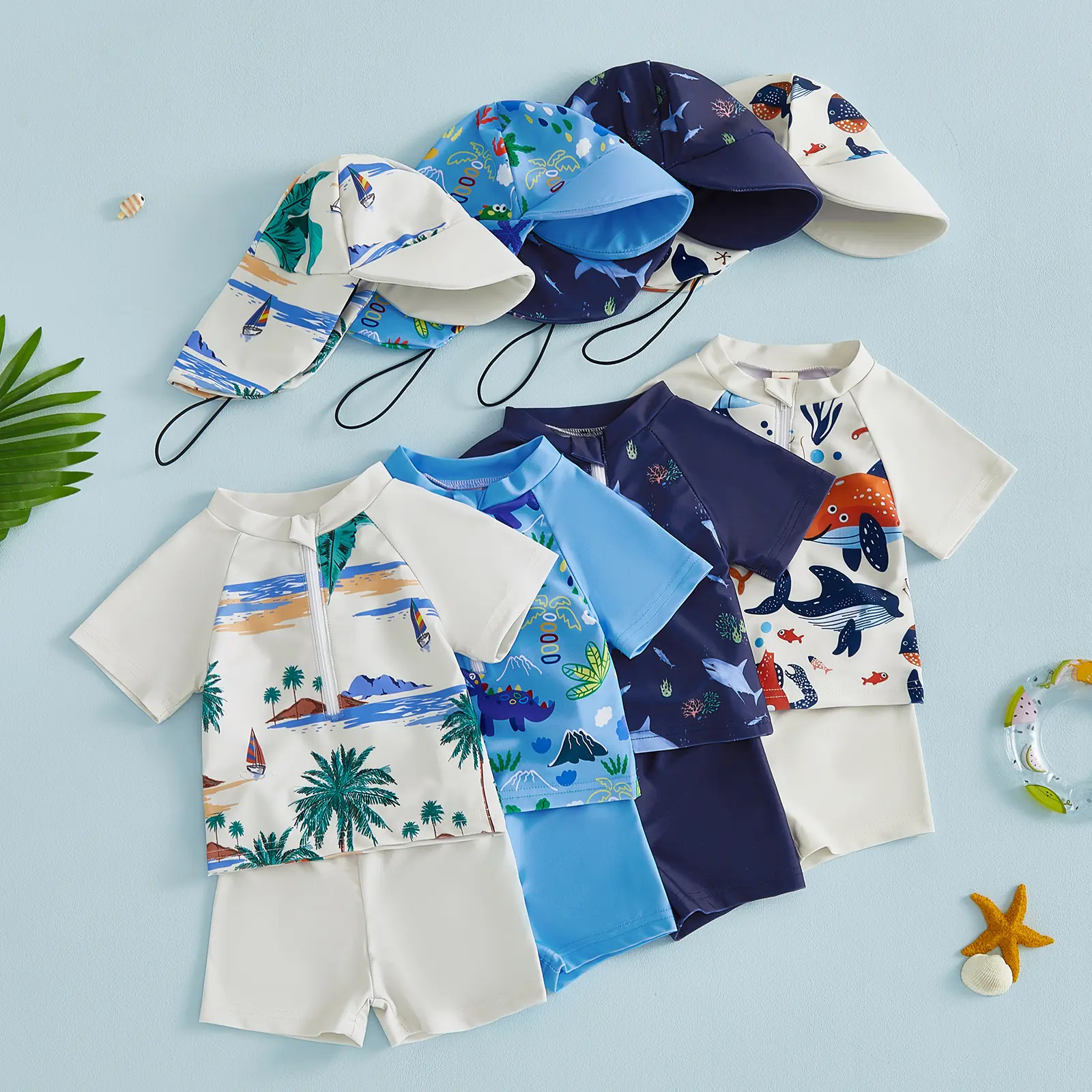 Babamoon Kids Baby Boys Two-piece Swimsuit Set Summer Cute Print Zipper Short Sleeve Rash Guard and Swim Trunks and Hat Swimwear Beachwear 0-5 Years