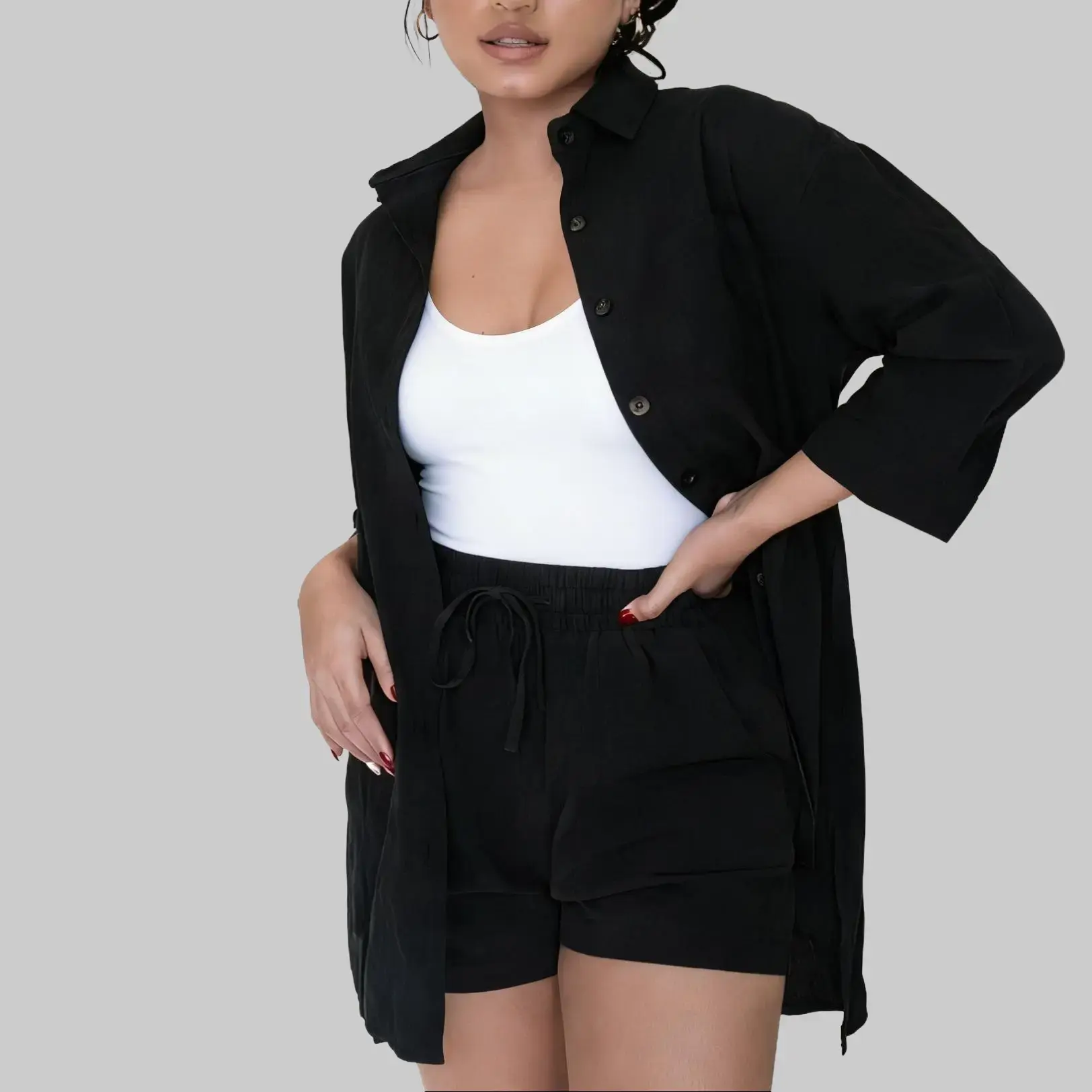 Women’s comfyclothing  Women’s 2 Piece Lounge Tracksuit Outfit Sets 2025 New Linen High Low Shirt and Drawstring Casual Shorts