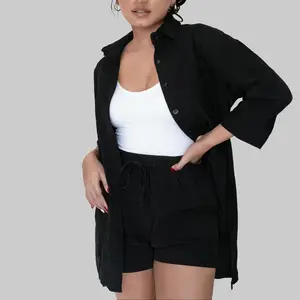 comfyclothing  Women’s 2 Piece Lounge Tracksuit Outfit Sets 2025 New Linen High Low Shirt and Drawstring Casual Shorts