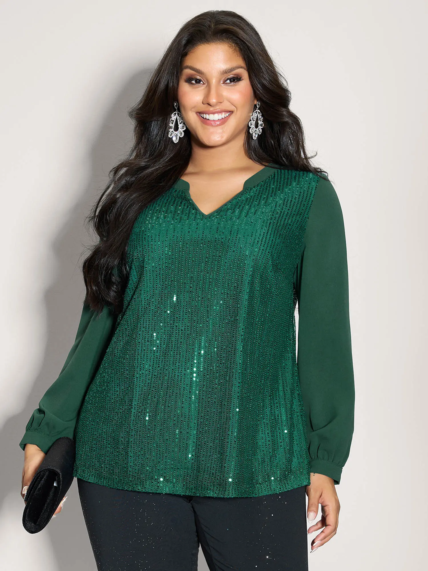 BloomChic Plus Size Party Blouse with a V-Notch Neck and Long Lantern Sleeves, Simple Solid Polyester Garment for Cocktail Wear, Top, Fabric, Shirts, Long Sleeve, Fit, Breathable, Festival, Dressy Tops, Classy Tops Going Out