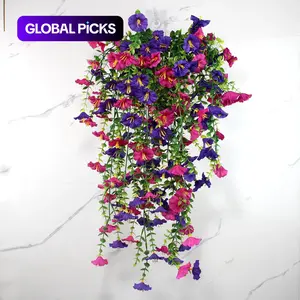 2 PCS or 6 PCS Outdoor Artificial Hanging Fake Flowers Plants, Artificial Flower Set, Morning Glory Faux Flowers with Eucalyptus Leaf, UV Resistant Realistic Hanging Petunias Plants for Home Garden Decor, Artificial Flower Decorations
