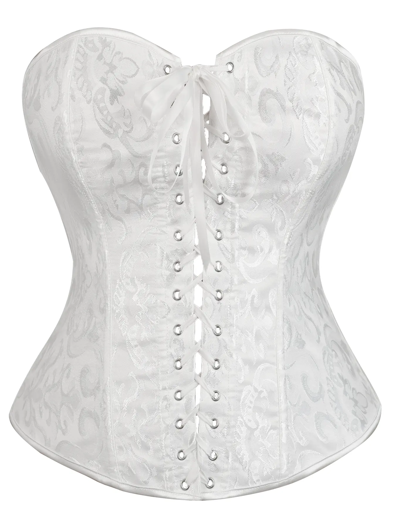 Women's White Jacquard Brocade Strapless Overbust Corset - Steel-Boned Hourglass Shapewear Top, Front Hook, Back Lace-Up, Tummy Control Waist Cincher for Bridal Weddings