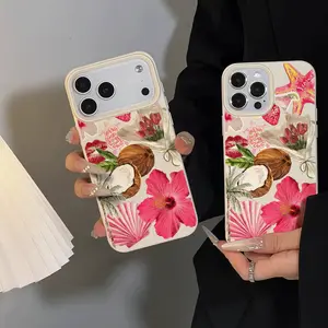 Tropical Flowers Coconut Strawberry Watercolor Collage Smartphone Case - Durable Shockproof Anti-Drop Minimalist TPU Cover, Protective Handheld Accessory for iPhone 17,16,15,14,13,12,11,X,XS,XS Max, Holiday Gift,summerwins summerwins