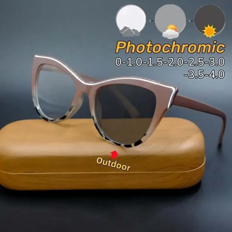 Cat Eye Photochromic Myopia Glasses Elegant Versatile Ultra Light Comfortable Eye Protection Short Sight Eyeglasses 0 TO -4.0