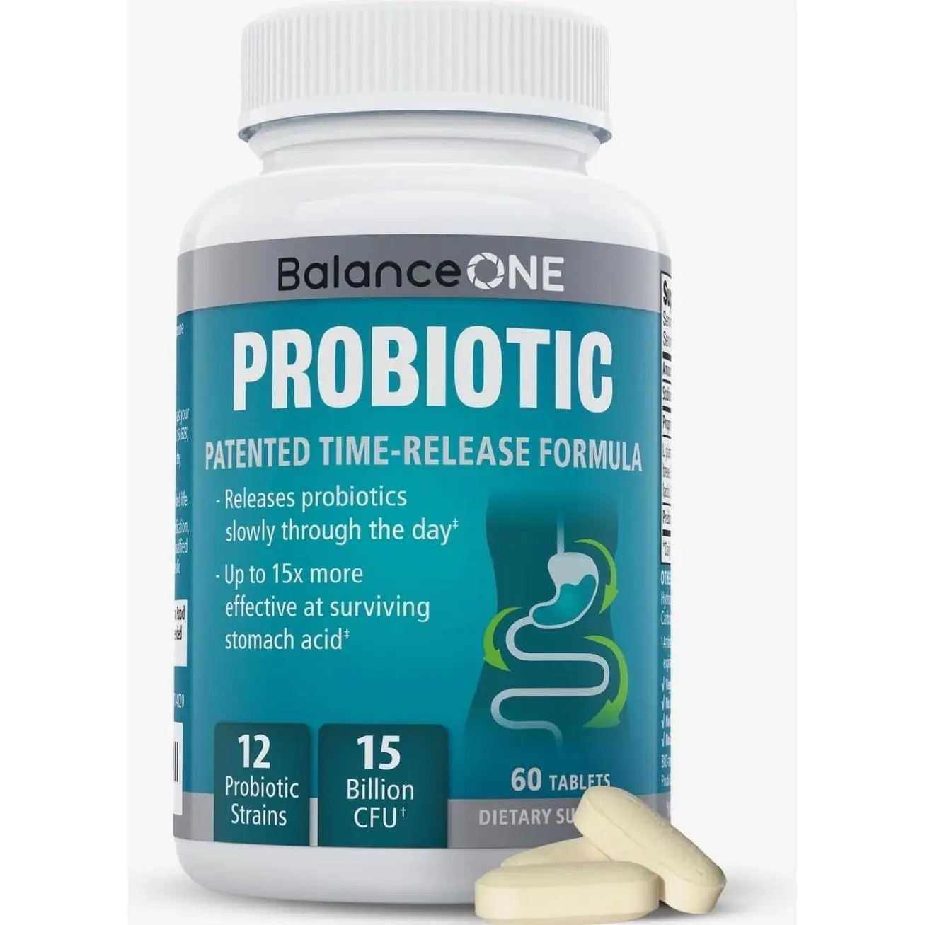 Balance ONE Time Release Probiotic – 15 Billion CFU – 12 Strains Including L. Plantarum – 15x More Survival Than Capsules – Bloating & Gas Relief – Gut & Digestive Health for Women & Men – 60 Tablets