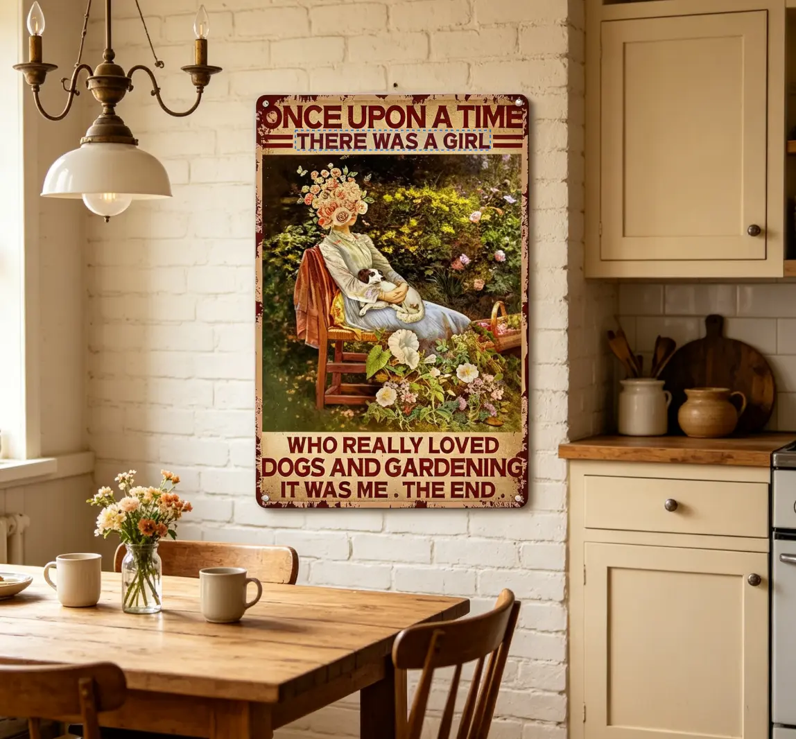 8x12 In Vintage Metal Wall Art Sign - Home & Room Decor Rustic Plaque, Antique Floral Lady & Puppy Design, Outdoor/Entryway Decor, Birthday Gift For Dog & Plant Lovers