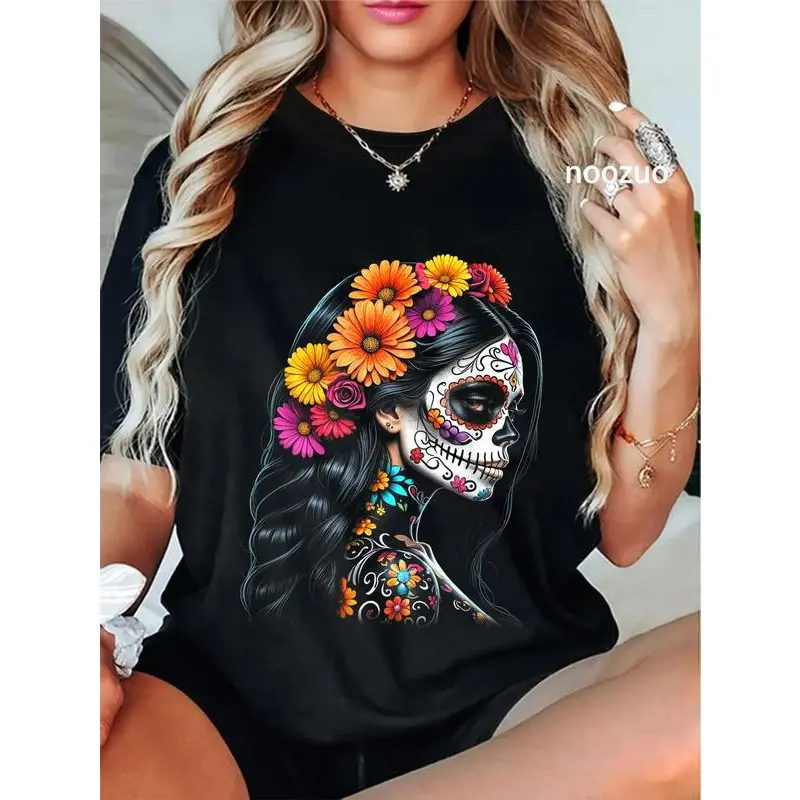 100% Cotton Unisex De Los Muertos La Catrina Day of the Dead Sugar Skull Women T-Shirt