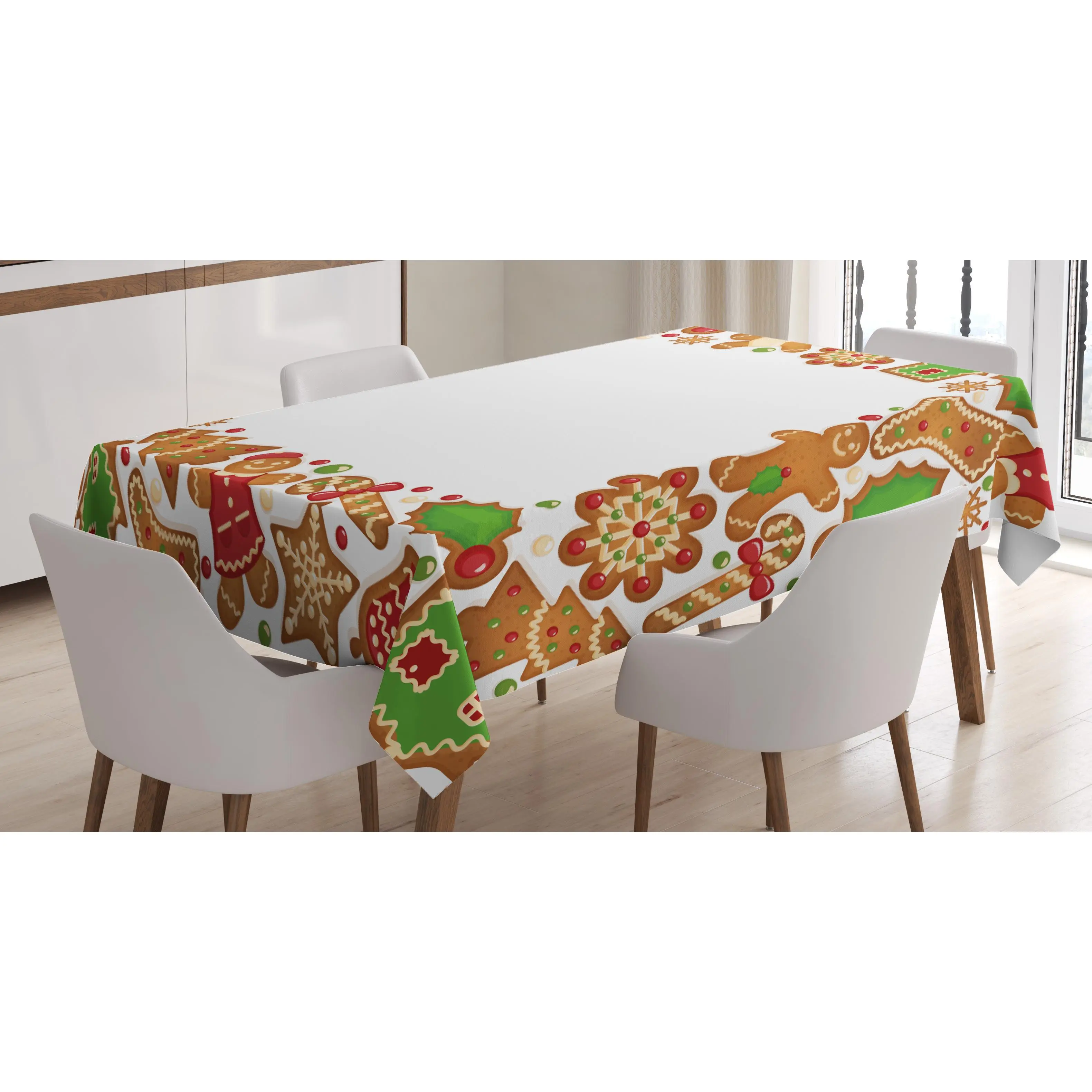 Christmas Tablecloth, Taste of Xmas Season Frame Gingerbread Cookies and Biscuits, Rectangular Table Cover for Dining Room Kitchen Decor, 60" X 90", Green Brown and Red