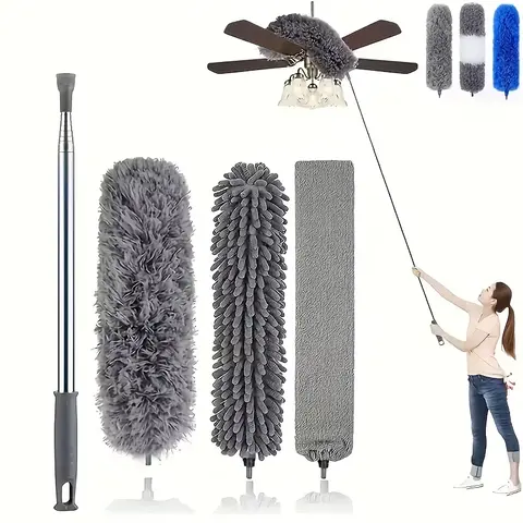 Microfiber Duster with 100-Inch Telescopic Extension Pole Kit, for High Ceilings, Ceiling Fans & Spider Webs, Reusable and Washable, Lightweight Household Cleaning Tool, Extendable Microfiber Duster