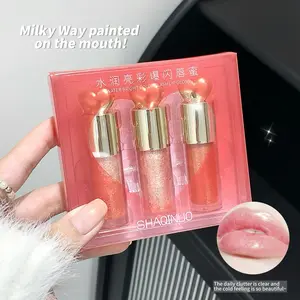 Three-Piece Water Glossy Lip Mirror Set Hydrating Shimmering Glitter Lip Gloss Lip Glaze Long-Lasting Heart-Shaped Highlighter Perfect Makeup Kit