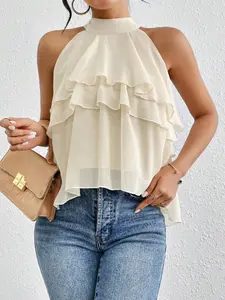 Women's Vintage Halter Top, Summer Multi-Layer Ruffle Sleeveless Crop Shirt Nk-0001-706, Fashionable, Chic and Stylish Ladies' Clothing, Womenswear