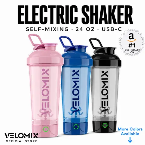 VELOMIX Electric Protein Shake Drink Mixer Water Bottle - 24 oz, USB-C Rechargeable, BPA-Free, Leak-Proof Lockable Lid, 1-Touch No-Clump Mix, 1-1.9 L Capacity, 80 Mixes Per Charge, Long-Lasting Power, Unisex Gym Fitness Gear