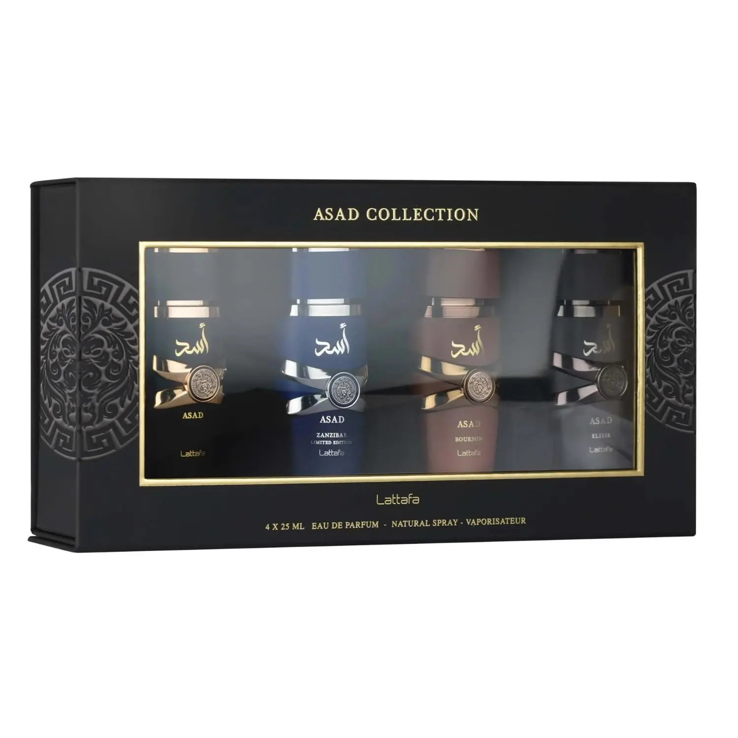 Lattafa Asad 4 Piece Gift Set 25ml for Men Eau de Parfum Collection Asad Elixir Bourbon Zanzibar Limited Edition Perfume Cologne Fragrance Set