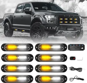 8Pcs Amber White Strobe Lights for Trucks, LED Emergency Warning Flashing Grille Lights Surface Mount Ultra Slim Sync with Control Box for Construction Firefighter Trucks Vehicles Car
