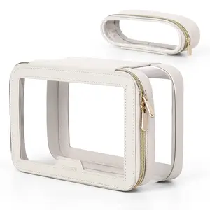 Travel Clear Makeup Bag with Makeup Brush Bag, Leather Makeup Case Toiletry Bag, Portable Cosmetic Bag Case, Transparent Waterproof Cosmetic Organizer Storage Bag for Women