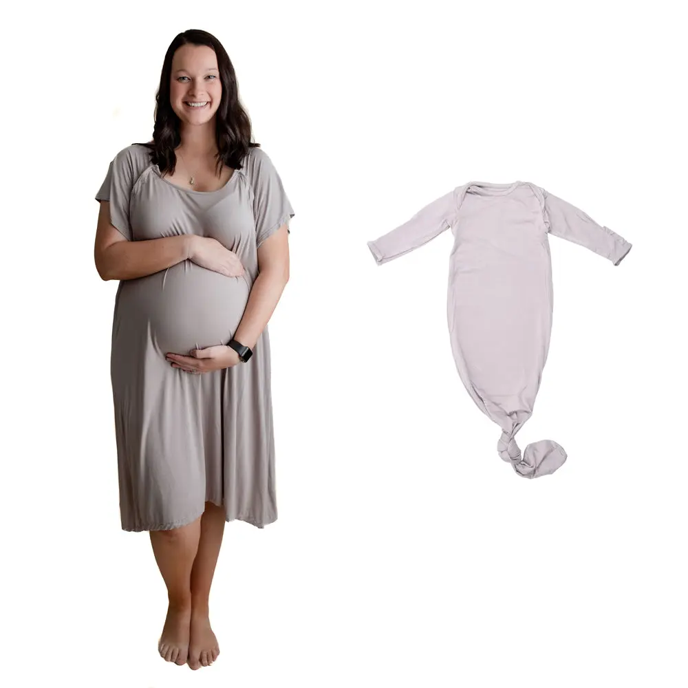 Harbor Mist Taupe Mommy & Me Matching Labor Gown and Newborn Knotted Baby Gown
