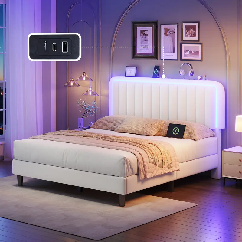 TryLazy Modern Bed Frame with RGB LED Lights No Mattress Luxury Velvet Headboard 1 USB 1 Type-C Charging Ports Smart APP Remote Control No Box Spring Full Queen Size