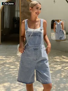 Women's Vintage Millennial Style Denim Light Wash Overall Belted Adjustable Shorts, Classic Front Pocket Design, Trendy Retro Look, Summer Fashion Essentials