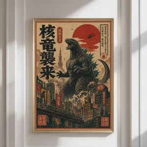 [Sale off up to 50%] Japanese Wall Art - Vintage Godzilla Print, Asian Ukiyo-e Giant Sea Monster Art, Kaiju Artwork, Japanese Poster for Retro Home Decor