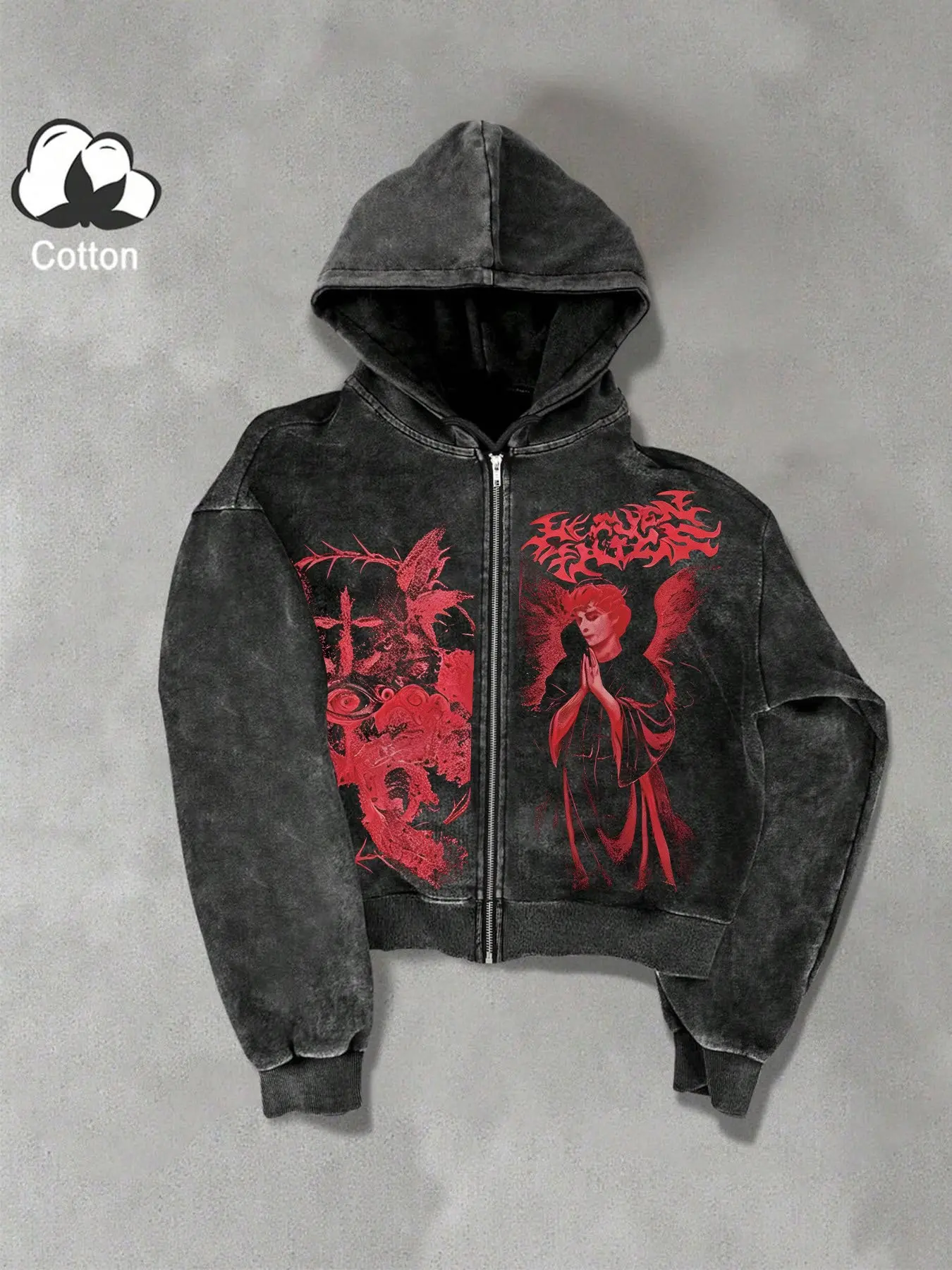 Men's and women's versions, Casual, Streetwear, Gothic Hoodies, zipper-hooded sweatshirt jackets, a TikTok trend, Cotton zipper-hooded sweatshirts featuring Graphic Gothic text, angels, crosses, distressed and avant-garde