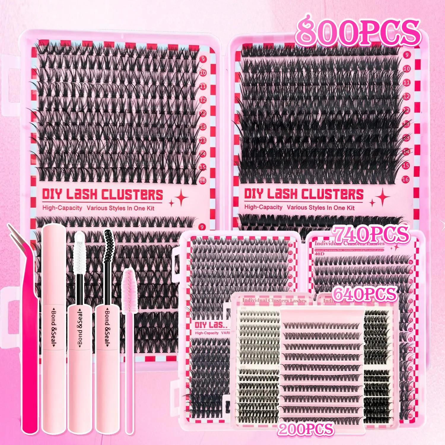 DIY Eyelash Extension Kit, Eyelashes Extension Set, Lash Tools, 800Pcs Cluster Eyelash, D Curl Individual Lashes with Glue, Tweezer and Brush, 10-18mm Natural Look Cluster Extensions Kit, 30D-100D False Eyelashes for Beginners, Travel, DIY Makeup