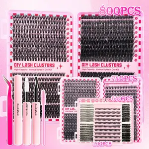 DIY Eyelash Extension Kit, Eyelashes Extension Set, Lash Tools, 800Pcs Cluster Eyelash, D Curl Individual Lashes with Glue, Tweezer and Brush, 10-18mm Natural Look Cluster Extensions Kit, 30D-100D False Eyelashes for Beginners, Travel, DIY Makeup
