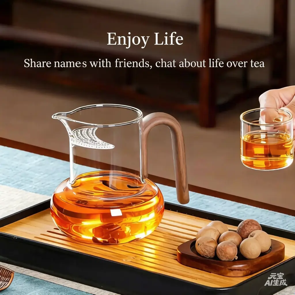 2026 New Model Wooden-Glass Tea Set, Crescent Moon Fairness Cup with Spout, Chinese Tea Ceremony Essential Kitchen Ware