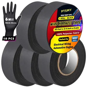 Wire Harness Tape 50 FT x 3/4 in -5 Rolls, Polyester Fabric,Flame Retardant,at 257℉ to -40℉, Wiring Loom Harness Electrical Tape, Includes 6 Mil Black Nitrile Gloves (10 pcs Gloves)