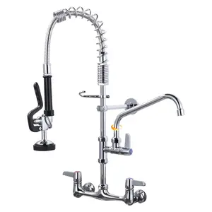 WOWOW Commercial Kitchen Sink Faucet with Pull Down Sprayer, Pre-Rinse Commercial Fucet Chrome Kitchen Wall Mount Faucets with Sprayer 25" Height Water Faucets with 9.6" Add-on Swing Spout for Restaurant