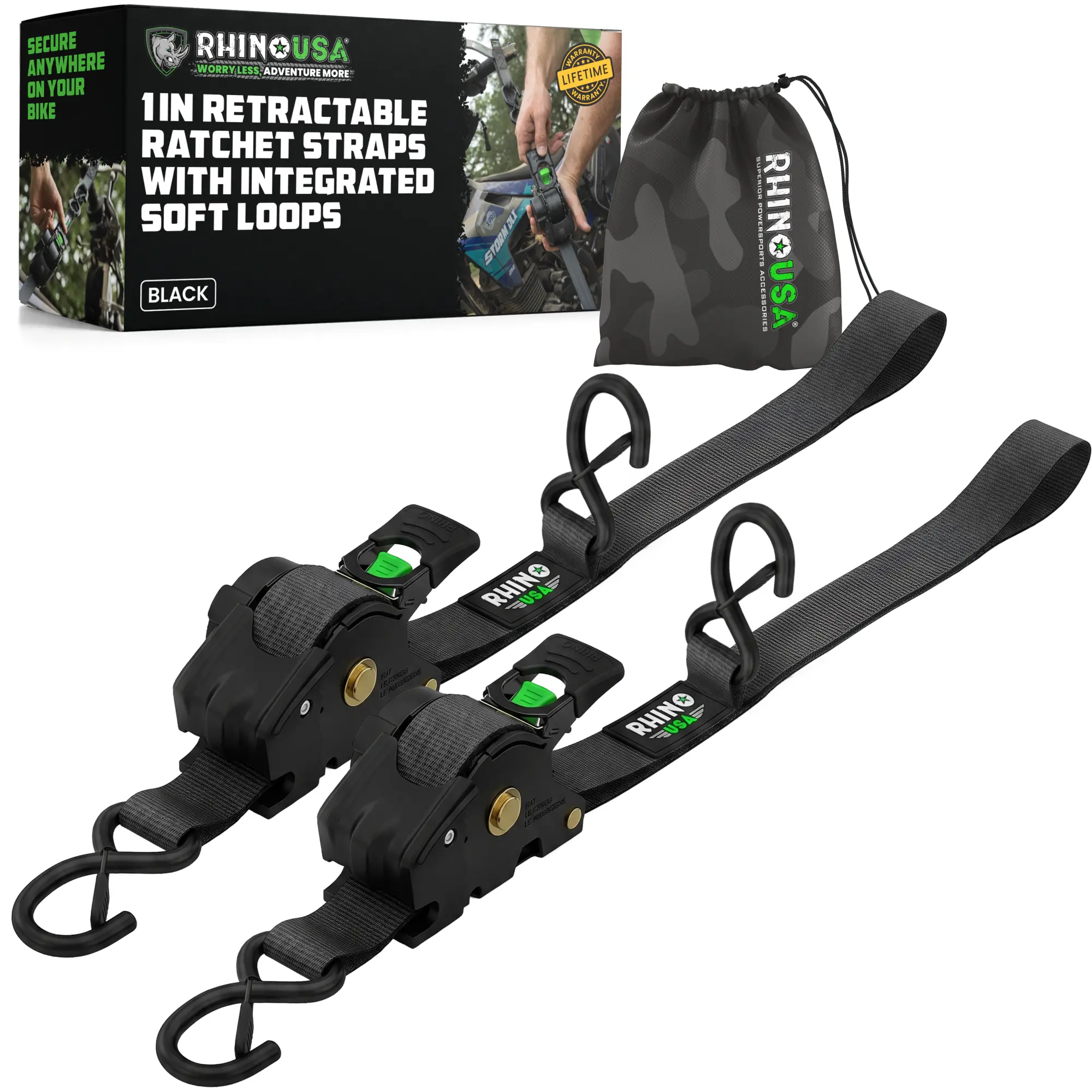 Rhino USA Retractable Motorcycle Tie Down Straps with Integrated Soft Loops & Safety Clip S-Hooks – Heavy Duty Motorcycle Ratchet Straps for Motorcycles, Dirt Bikes, UTVs & Powersports