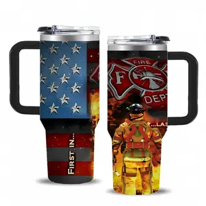 40oz Firefighter Tumbler with Handle, Insulated Stainless Steel Coffee Cup, American Flag Thin Red Line "First In Last Out" Fire Department Design Travel Mug, Gifts for Firefighters, Firemen, Patriotic First Responders