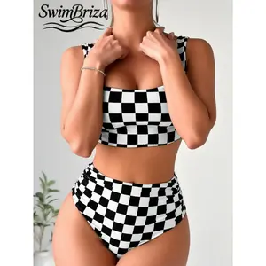 Women's Checkerboard Print High Waisted Bikini Set Scoop Neck Tank Two Piece Swimsuit Tummy Control Bathing Suit