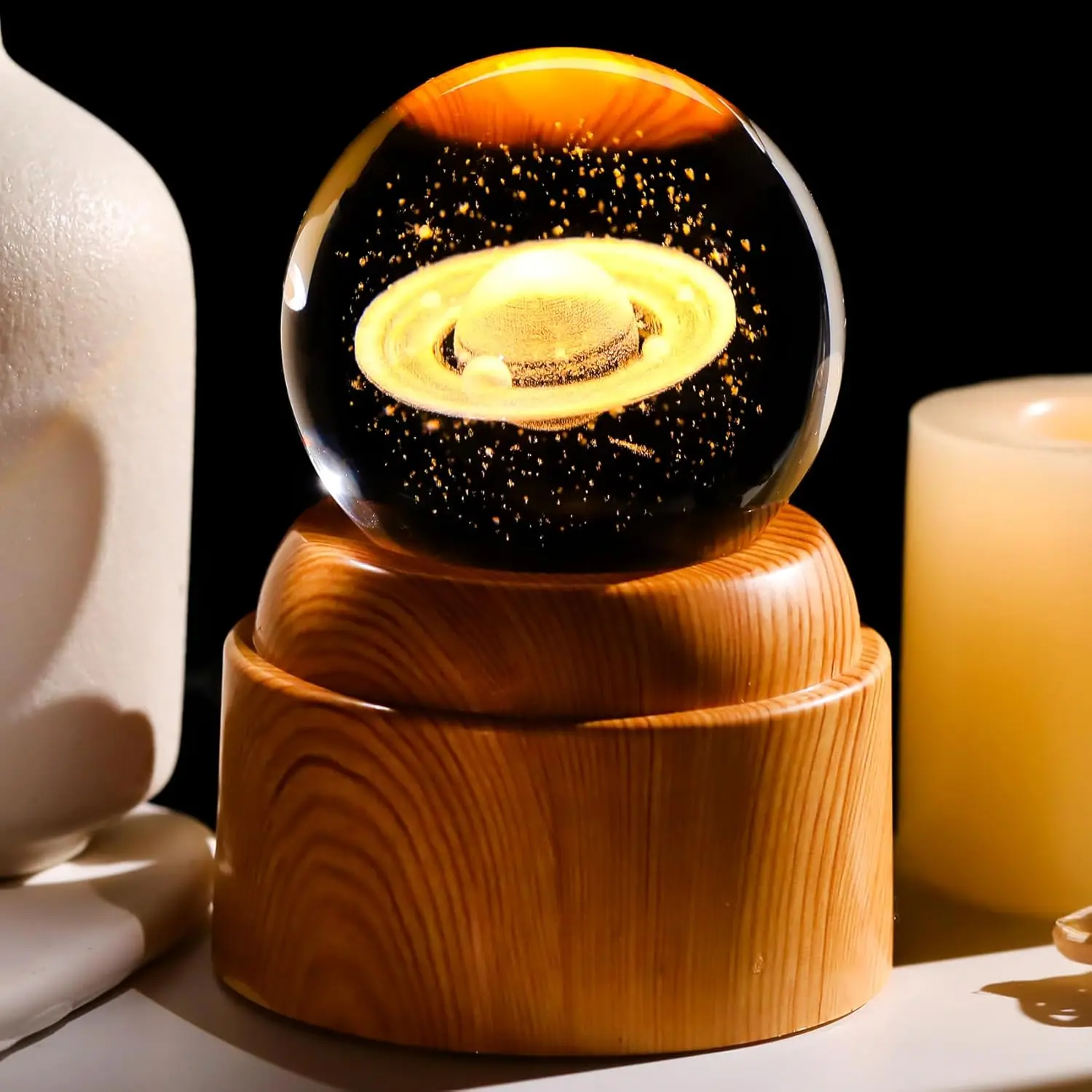 6.50cm 3D Moon Astronaut Bamboo Base Crystal Ball Night Light, Dimmable LED, Warm Glow, USB Power, Contemporary Indoor Festive Decor Gift for Kids & Adults, Home Desk Office Ornament for Birthday Christmas