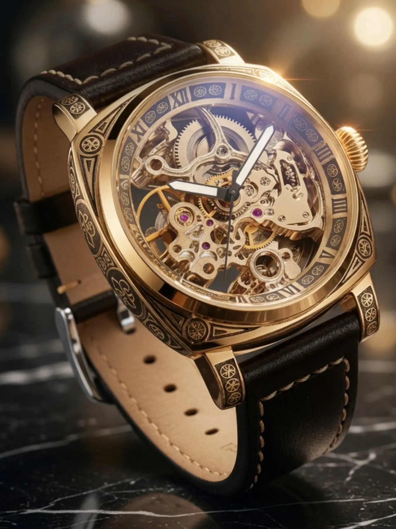 Men's Mechanical Watch Hollow-Out Design, Ruby Details, Leather Strap, Analog Display, Business Casual Wear, Analog Mechanical Watches