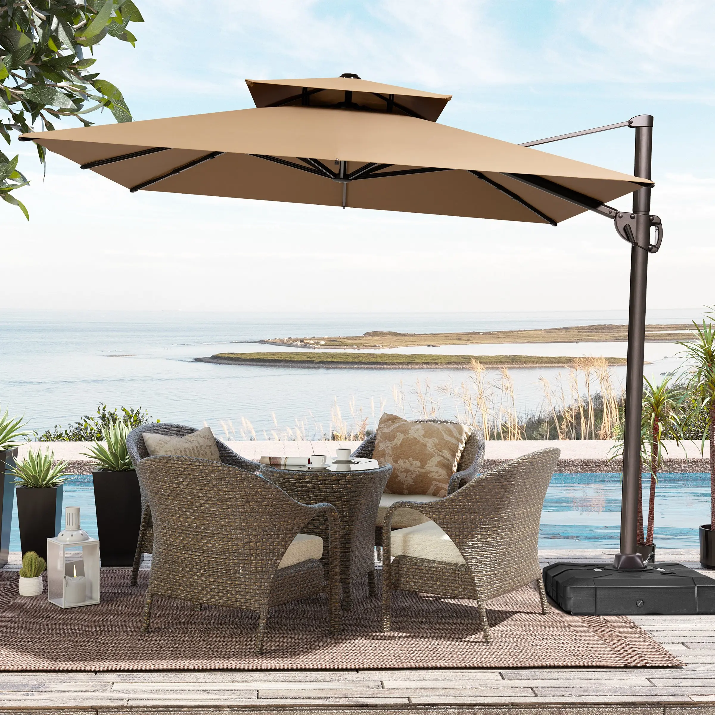 Crestlive Products 12x9 ft Double Top Patio Offset Cantilever Umbrella, Outdoor Hanging Style with 360° Rotation Device, Crank Lift & Cross Base, 500H Fadesafe Canopy for Pool, yd
