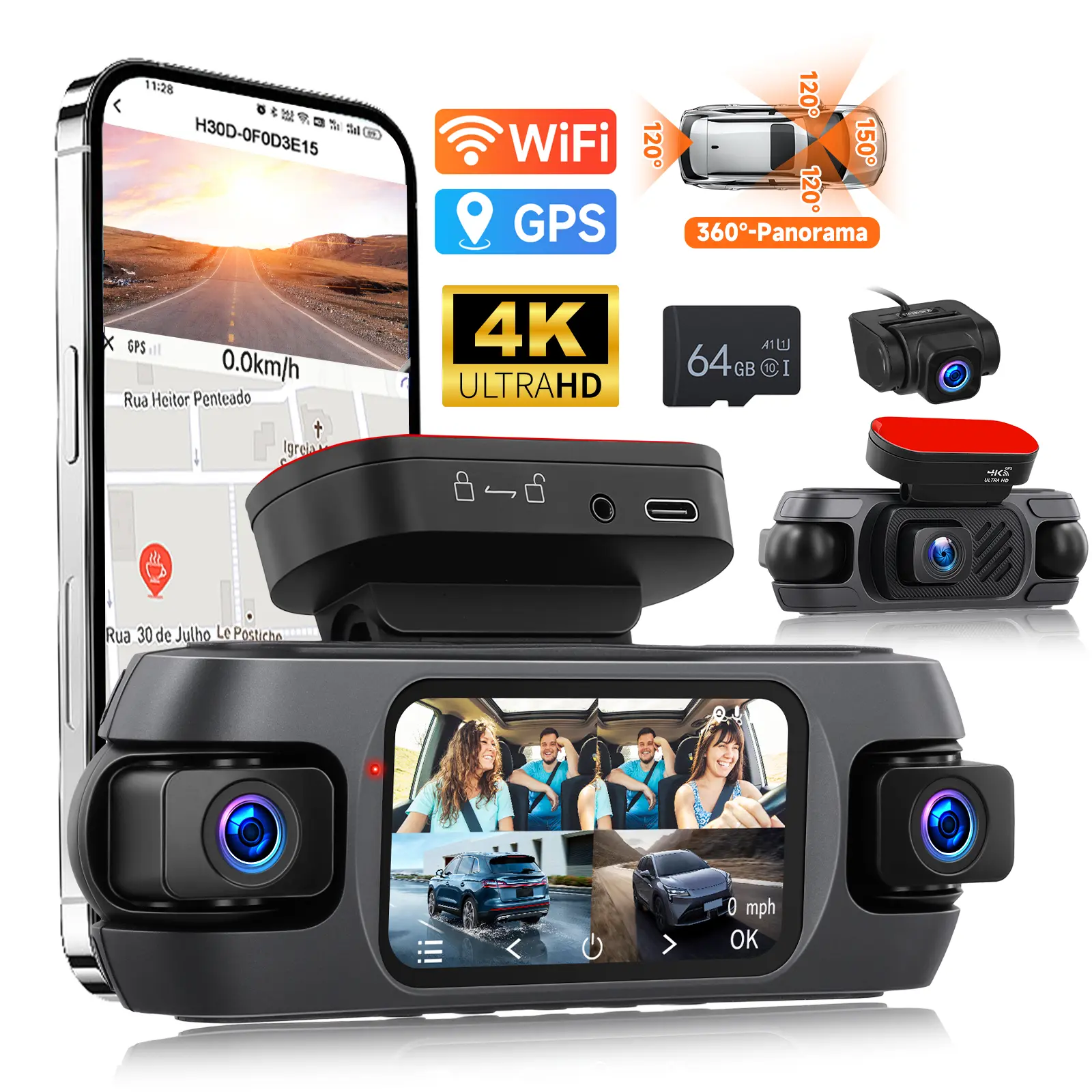 4K Wi-Fi Multi-Channel Car Dash Camera with Front, Rear, Inside, Left, and Right 4-Channel 360° Dashcam for Cars, Super Night Vision, App Control, G-Sensor, GPS, Reverse Assistance, Loop Recording, 64GB SD Card,SummerVibes