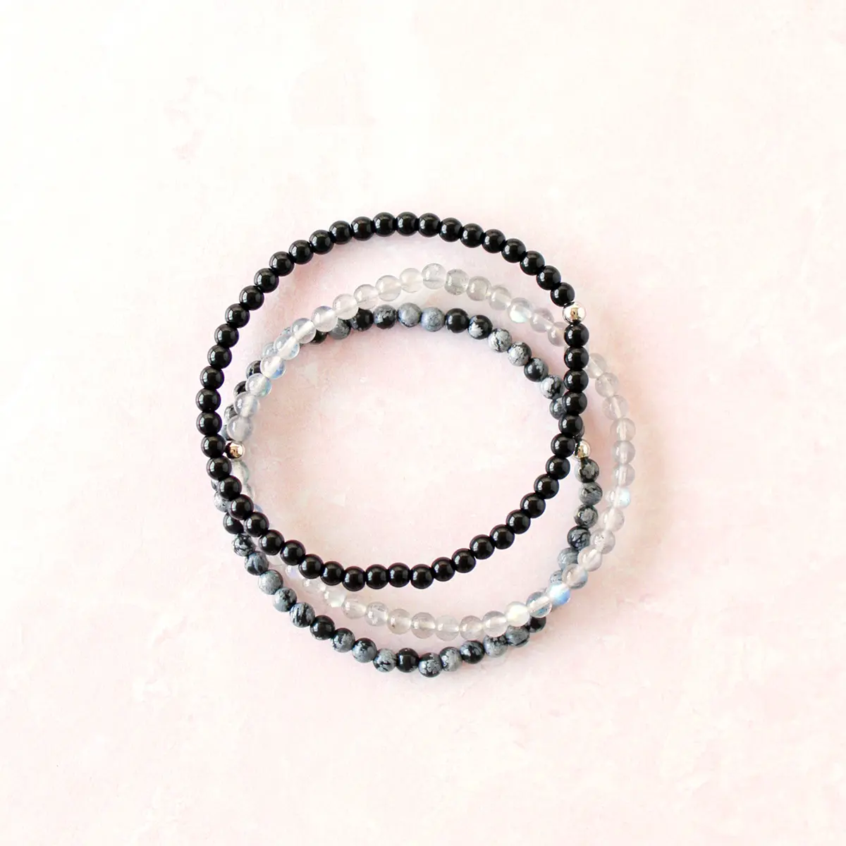 Protect Your Energy Natural Crystal Bracelet Set for Adults - Mini Labradorite, Black Onyx & Snowflake Obsidian with 4mm Beads for Stacking