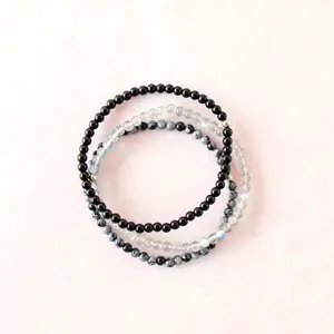 Protect Your Energy Natural Crystal Bracelet Set for Adults - Mini Labradorite, Black Onyx & Snowflake Obsidian with 4mm Beads for Stacking